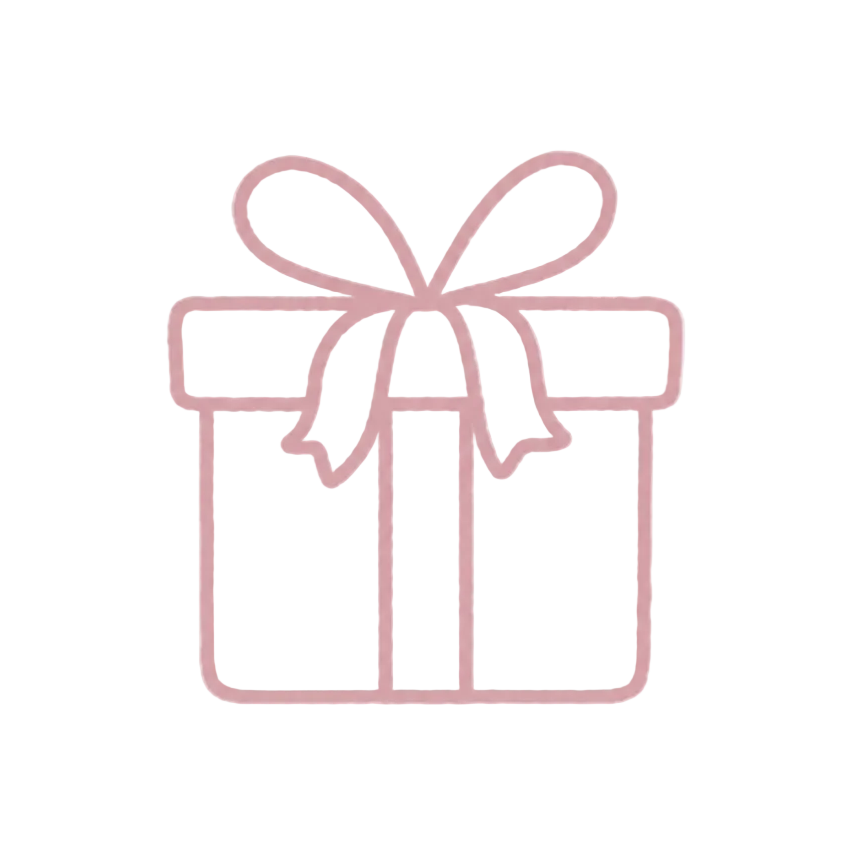 A minimalist pink line-art icon of a gift box with a bow on a solid white background.