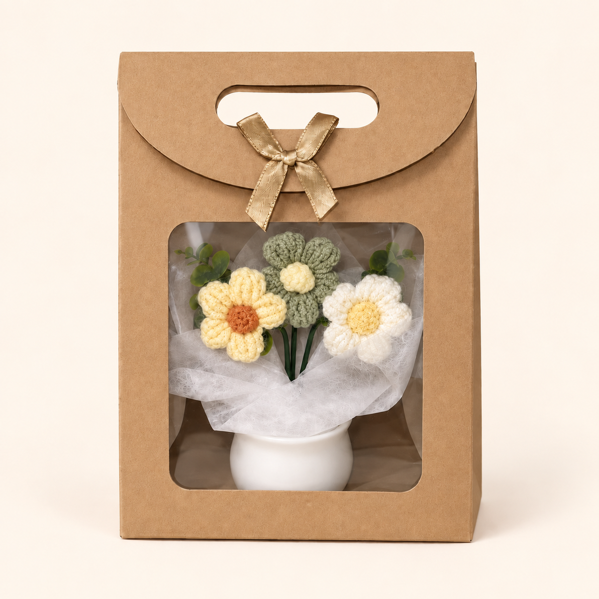 Everlasting Love crochet flower pot in green, presented in a gift bag