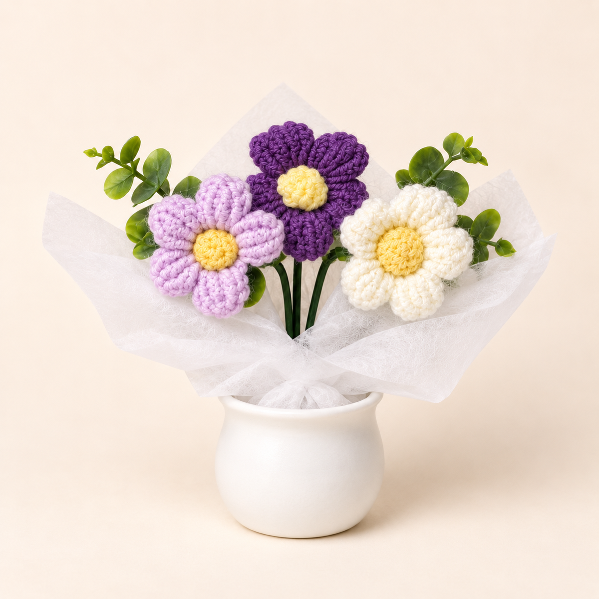 Purple Everlasting Love crochet flower pot without its gift bag