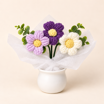 Purple Everlasting Love crochet flower pot without its gift bag
