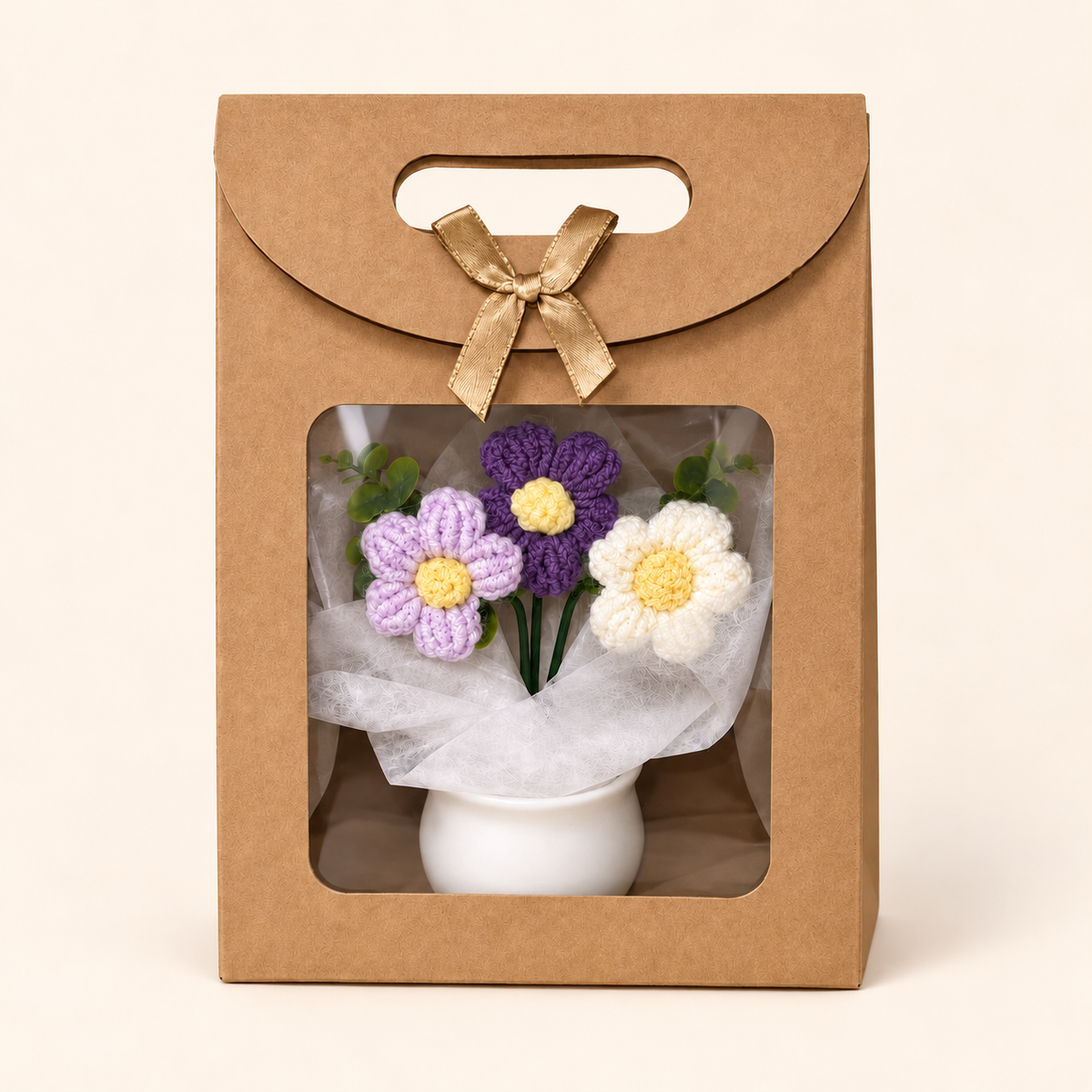 Everlasting Love crochet flower pot in purple, presented in a gift bag
